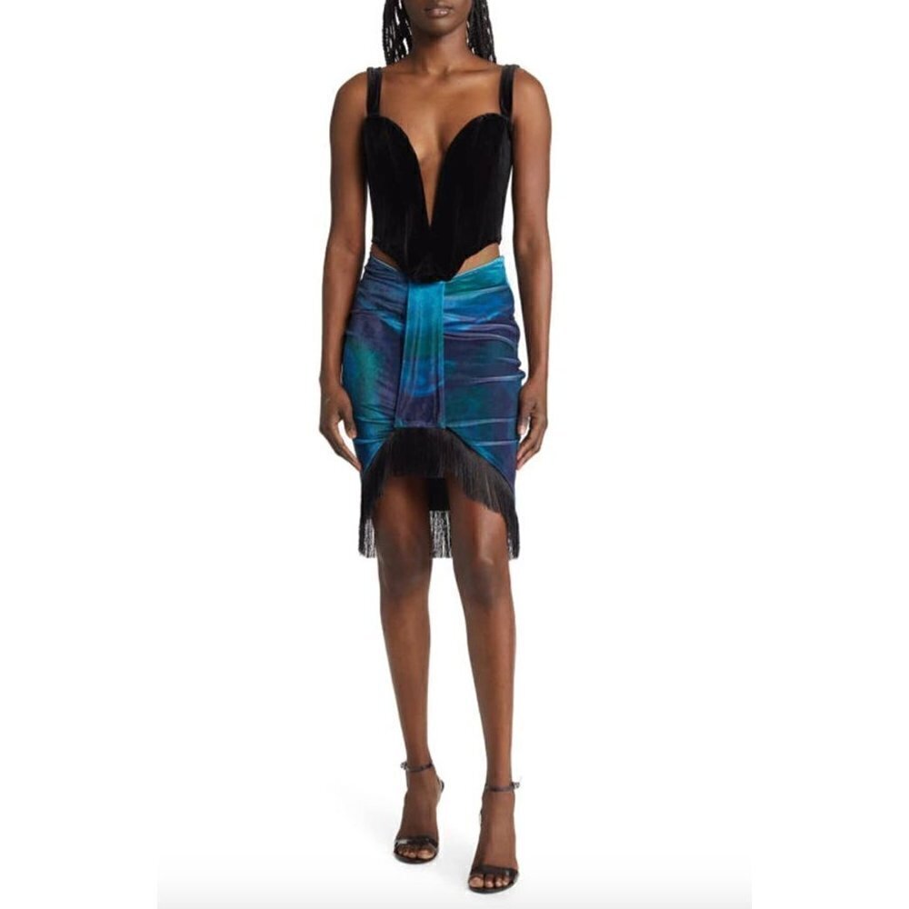 Farai London Edena Velvet Cutout Corset Skirt SET Turquenite Womens Size XS